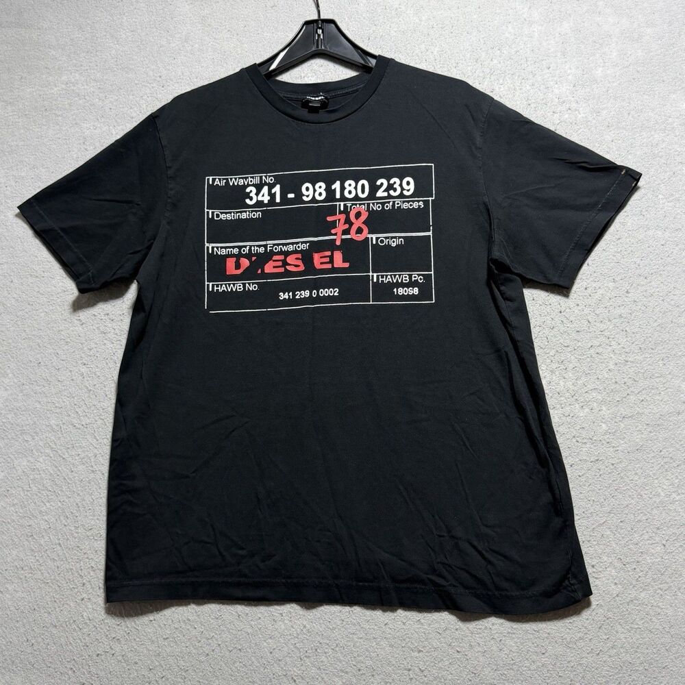 Diesel T-Shirt Tee Mens XL Black Waybill Air Cargo Graphic Print Cotton